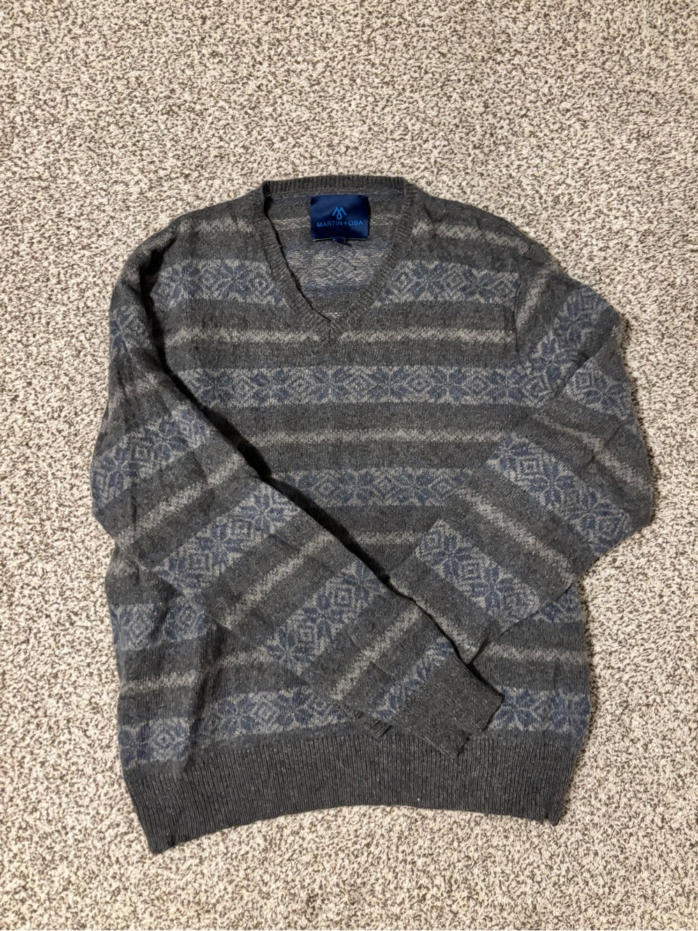 Martin + Osa Charcoal and Slate Blue V-Neck Patterned Sweater